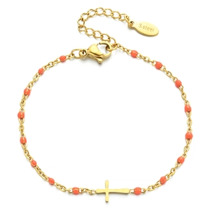 Detail of gold stainless steel cross bracelet with orange beads and S.steel hallmark
