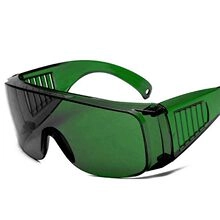 Detail view of dark green safety goggles showing side protection and ventilation holes