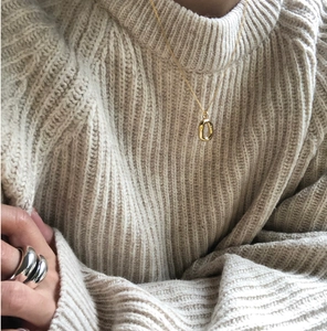 Chic gold oval donut pendant necklace and chunky silver ring worn with a knit sweater