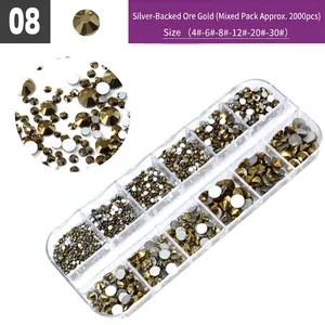 Detail of 2000pcs flatback mineral gold rhinestones in 12-grid storage box for nail art