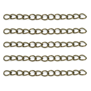 Detail view of five bronze extension chains for DIY jewelry making on white background
