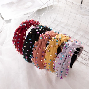 Rainbow Artificial Pearl Knotted Headband For Women Fabric Twist Knot Hair Hoop Elegant Sweet Fashion Hair Accessory