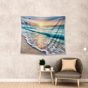 Wandbehang mit Strand-Sonnenuntergang und realistischen Wellen für modernes Wohnzimmerdeko