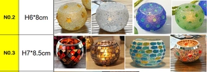 Detailed size specifications for mosaic glass candle holders in various colors and models