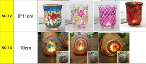 Detailed size guide for mosaic glass candle holders with star and geometric patterns