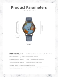 Detailed size chart for men's quartz watch featuring a world map dial and blue denim strap