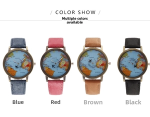 Four world map watches with airplane hands in blue, red, brown and black leather straps