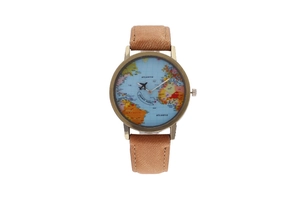 Detail of vintage world map watch with airplane motif and light brown leather strap