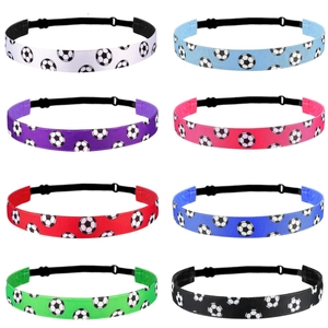 Set of 8 colorful elastic sports headbands featuring printed black and white soccer patterns