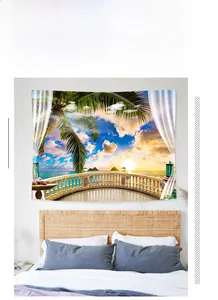 Detail of tropical sunset tapestry with palm trees and beach view on a bedroom wall