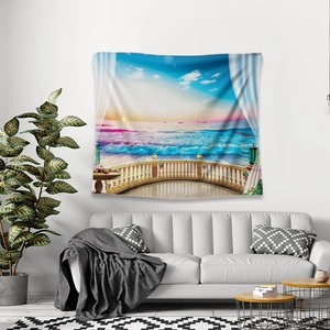 Detailed close-up of a beach sunset landscape tapestry on a modern living room wall