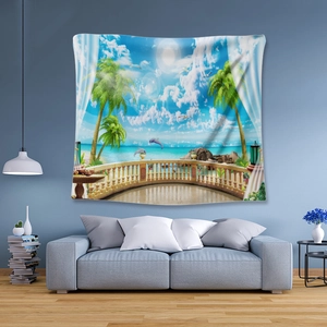 Detail view of a tropical ocean terrace tapestry hanging above a modern living room sofa