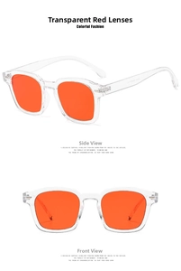 Detail view of transparent square sunglasses with vibrant orange-red lenses from two angles