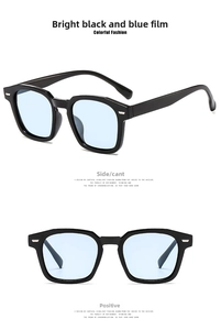 Detail of square black sunglasses with light blue lenses showing front and side angles