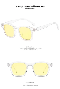 Detail view of square transparent yellow sunglasses showing front and side angles