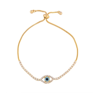 Close-up of adjustable bolo bracelet with evil eye charm and sparkling blue crystals