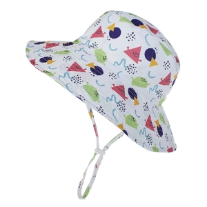 Close-up of white sun hat for kids with colorful geometric prints and windproof cord