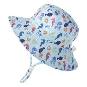 Detail of light blue sun hat for kids featuring ocean life print and adjustable chin strap
