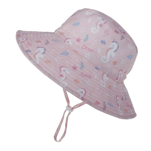 Detail of pink kids sun hat with ocean print and adjustable chin strap