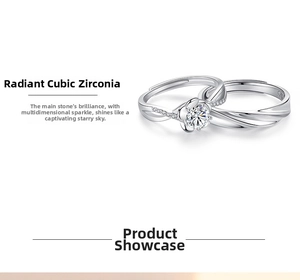 Close-up of S925 sterling silver couple rings featuring cubic zirconia and twist band