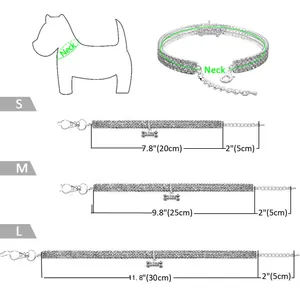 Size chart showing adjustable lengths and bone pendant detail for the rhinestone pet collar