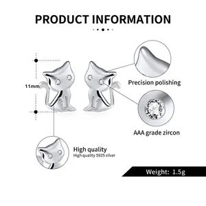 S925 sterling silver cat stud earrings with AAA zircon eyes and polished finish
