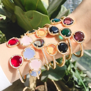 Colorful geometric crystal open bangles with gold plating and pavé diamonds for women