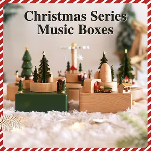 Wooden Christmas Music Box Rotating Wind Up Beech Wood Santa Claus Tree Train Decor Holiday Gift For Kids