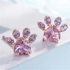 Rose gold paw print stud earrings with heart shaped pink crystal and zircon stones