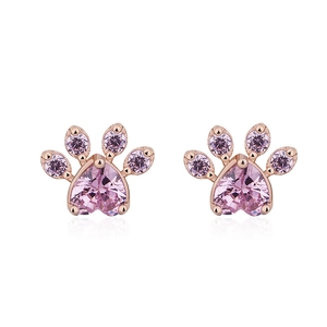 Rose gold paw print earrings featuring heart shaped pink crystals and cubic zirconia
