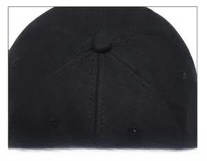 Détail de la casquette de baseball noire montrant les coutures et le bouton en coton sergé