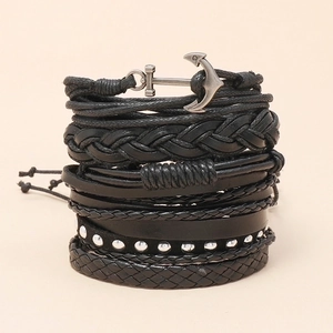 Handmade multilayer black leather bracelet set featuring a silver anchor charm and studs