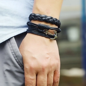 Handmade vintage black leather anchor bracelet for men with multi-strand braided design