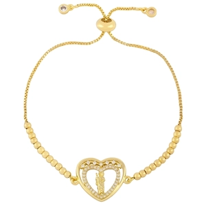 Minimalist gold link chain bracelet with micro-paved zircon heart and saint charm
