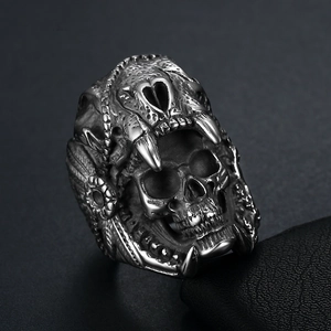 Punk style heavy 316L stainless steel skull ring for men with vintage silver finish