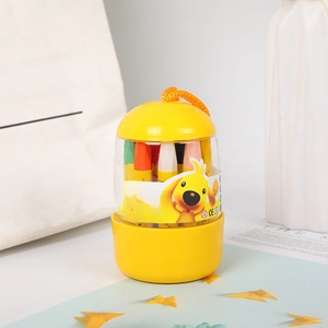 Detail of 12-color silky oil pastels in a yellow bucket with orange handle for kids