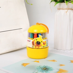 Detail of 18 colors silky oil pastels in a yellow container for kids drawing