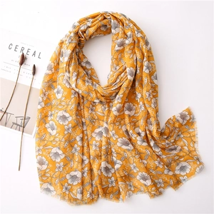 Women Ginger Yellow Floral Scarf Tassel Fringe Shawl Lightweight Sun Protection Beach Wrap Polyester Cotton Linen Feel