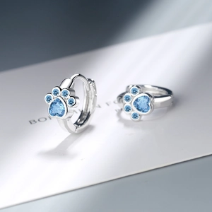 Cute silver cat paw earrings with heart-shaped sky blue zircon crystals for women