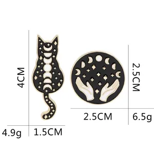Detail showing dimensions of cat brooch and lunar eclipse badge with weight information
