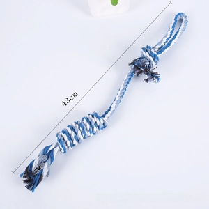 Detail of 43cm blue and white cotton rope pet toy with three durable knots for dogs
