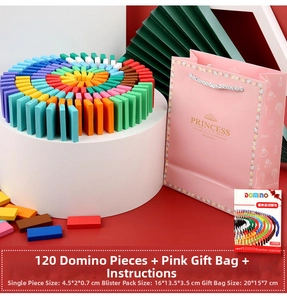 Close-up of 120 colorful wooden dominoes blocks arranged in a spiral pattern with a gift bag