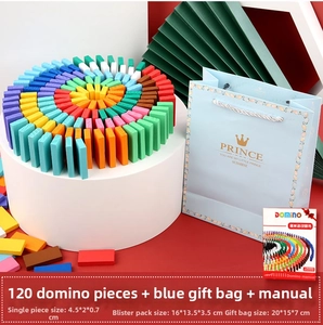 120 colorful wooden dominoes with blue gift bag and manual on a white circular display