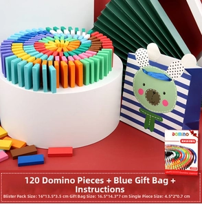 Set of 120 colorful wooden dominoes with cartoon storage bag and detailed size guide