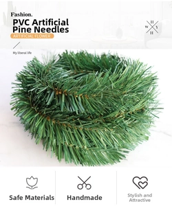 Top-down view of artificial PVC pine needle garland ring with realistic green texture