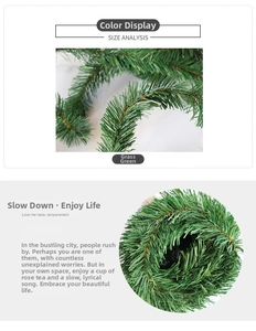 Detail of vivid grass green PVC artificial pine needle garland for festive wall decor