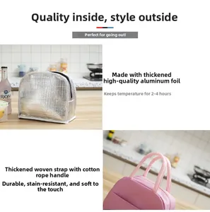 Detail of insulated pink lunch bag with thick aluminum foil lining and soft cotton rope handle