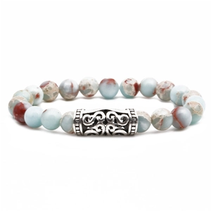 Natural Shoushan stone beaded bracelet with vintage silver hollow metal tube accent