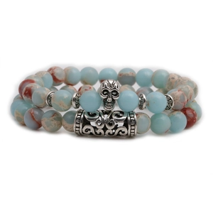 Double-layer natural stone beaded bracelet with silver skull charm and filigree tube