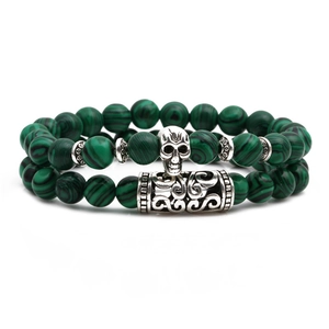 Malachite green beaded double-layer bracelet with vintage silver skull and scroll accents